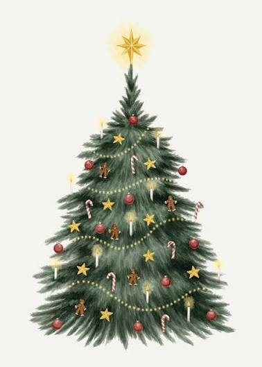Illustrated Christmas tree with a gold star, candles, baubles and candy canes